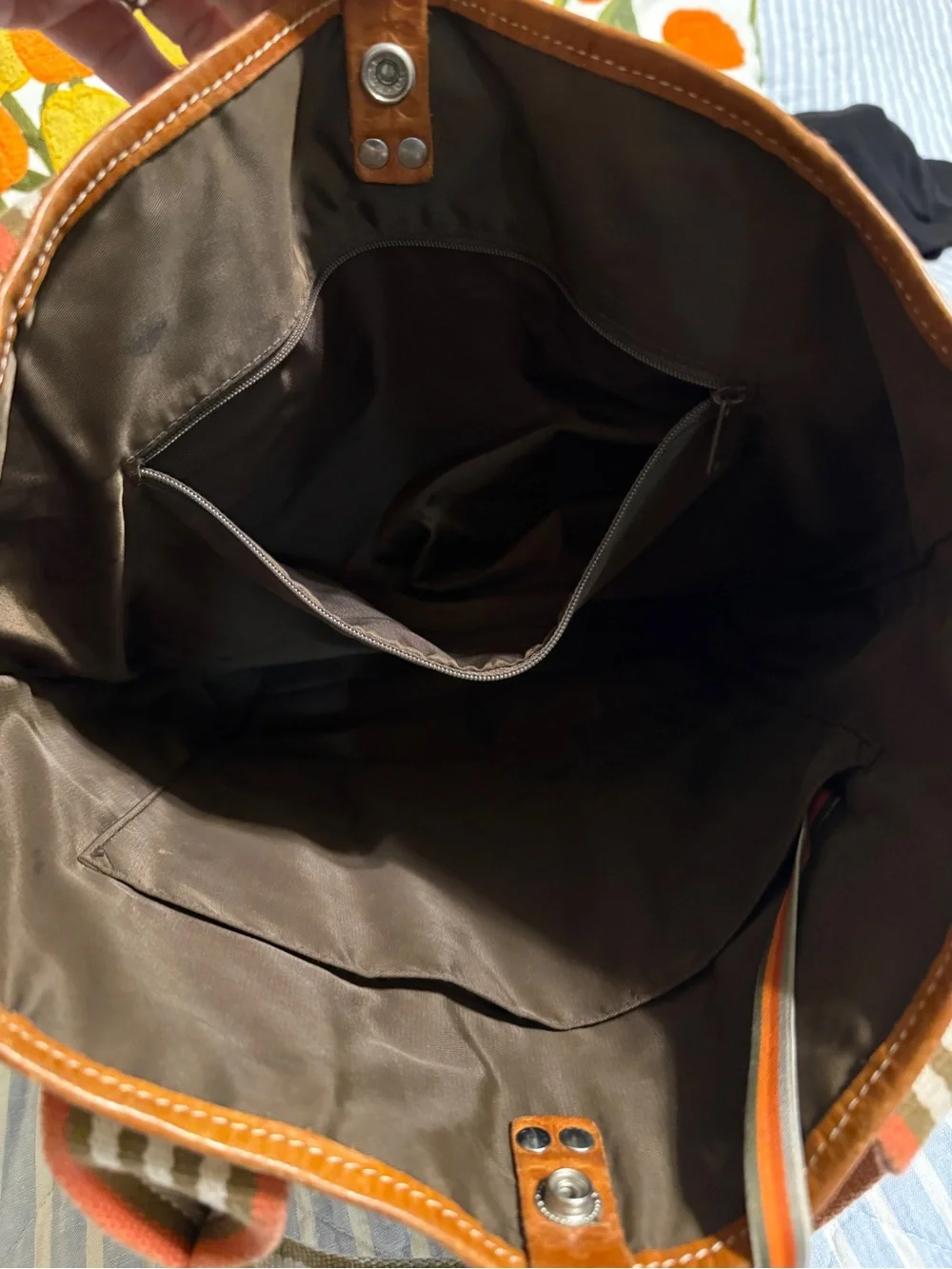 Orla Kiely Brown and Orange Leaf-Print coated Canvas Tote with Striped Handles - Picture 10 of 12